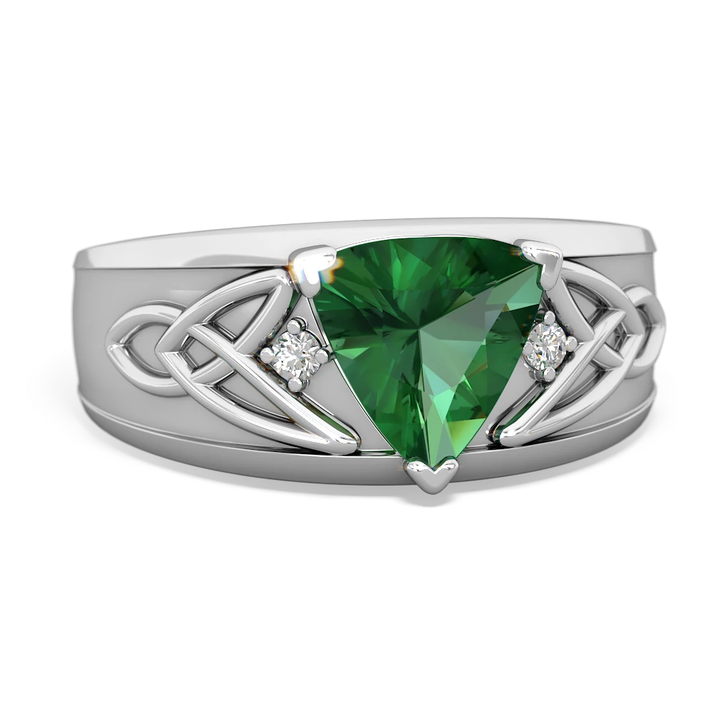 Lab Emerald Celtic Trinity Knot Men's 14K White Gold ring R0440