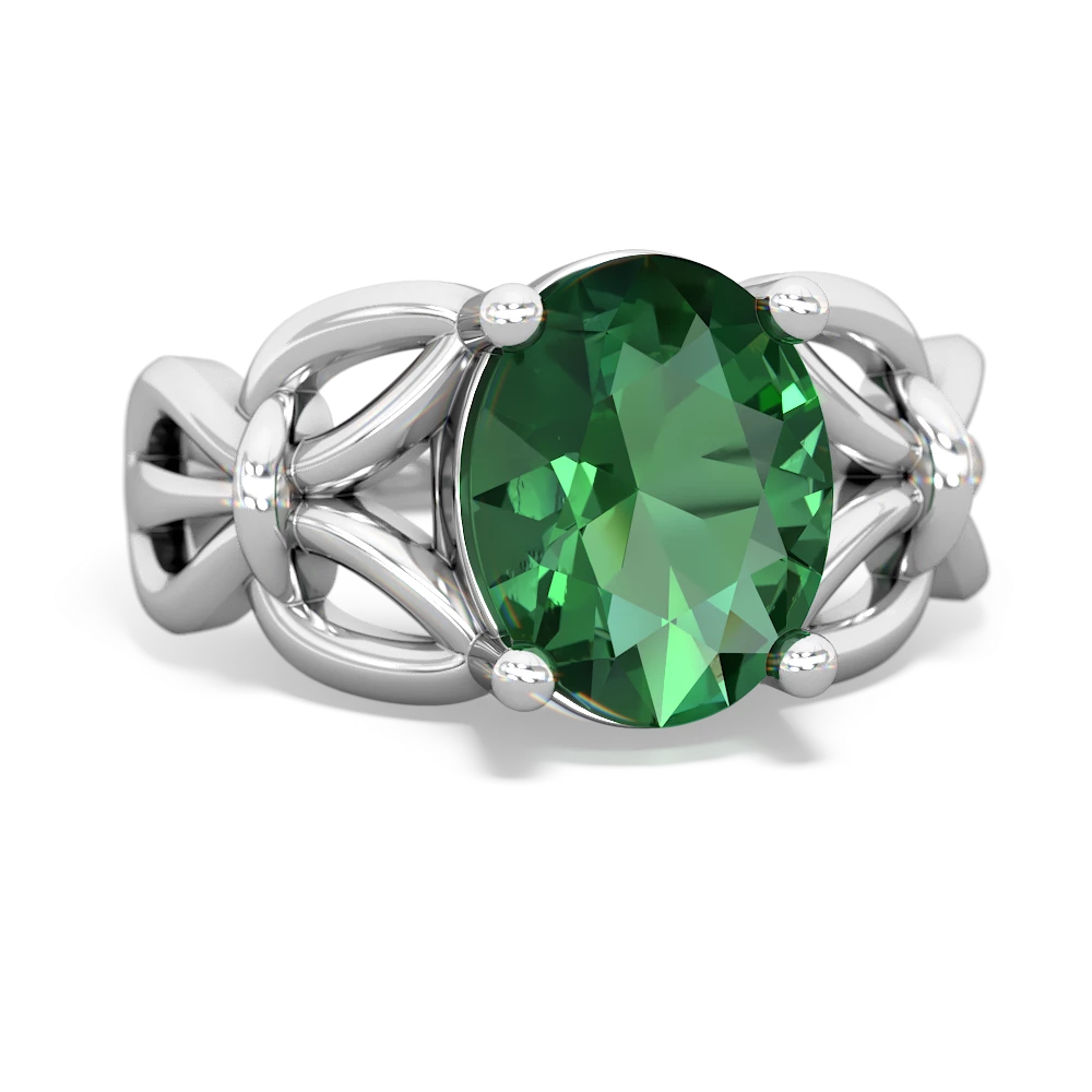 Lab Emerald Celtic Knot Cocktail 14K White Gold ring R2377