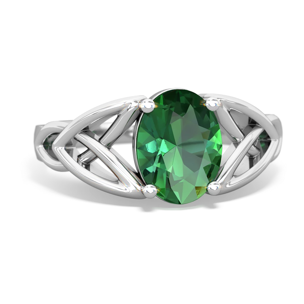 Lab Emerald Celtic Trinity Knot 14K White Gold ring R2389