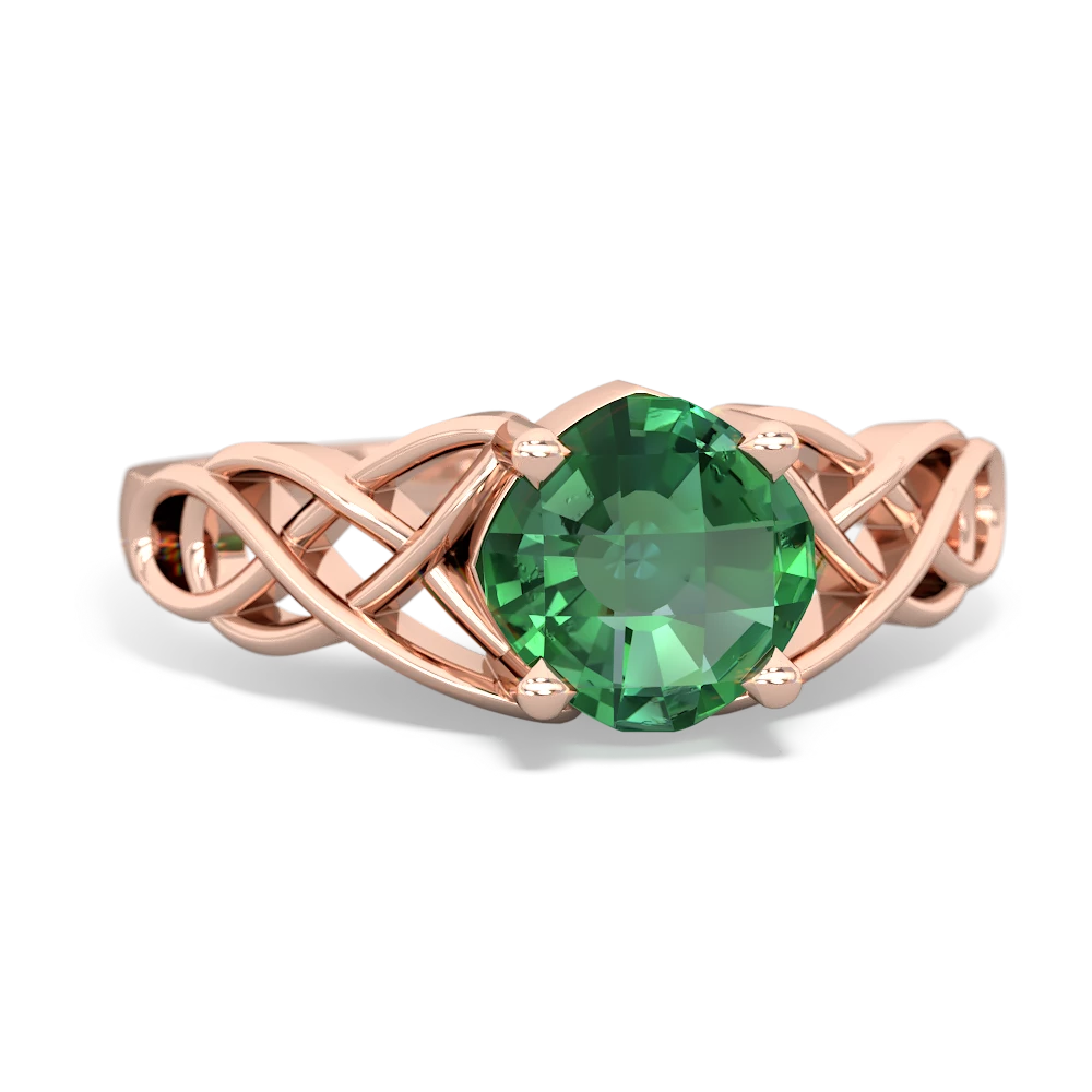 Lab Emerald Checkerboard Cushion Celtic Knot 14K Rose Gold ring R5000