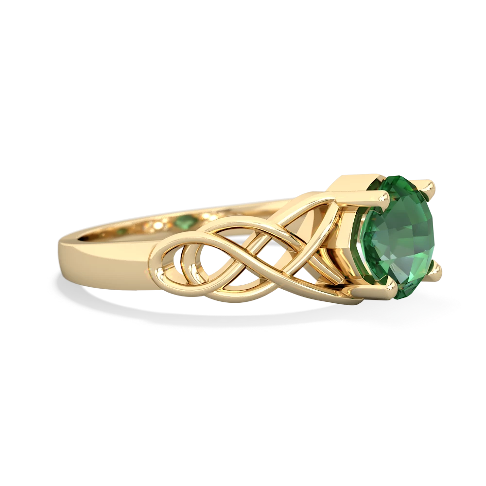 Lab Emerald Checkerboard Cushion Celtic Knot 14K Yellow Gold ring R5000