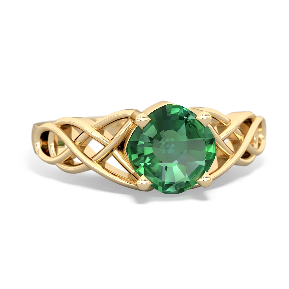 Lab Emerald Checkerboard Cushion Celtic Knot 14K Yellow Gold ring R5000