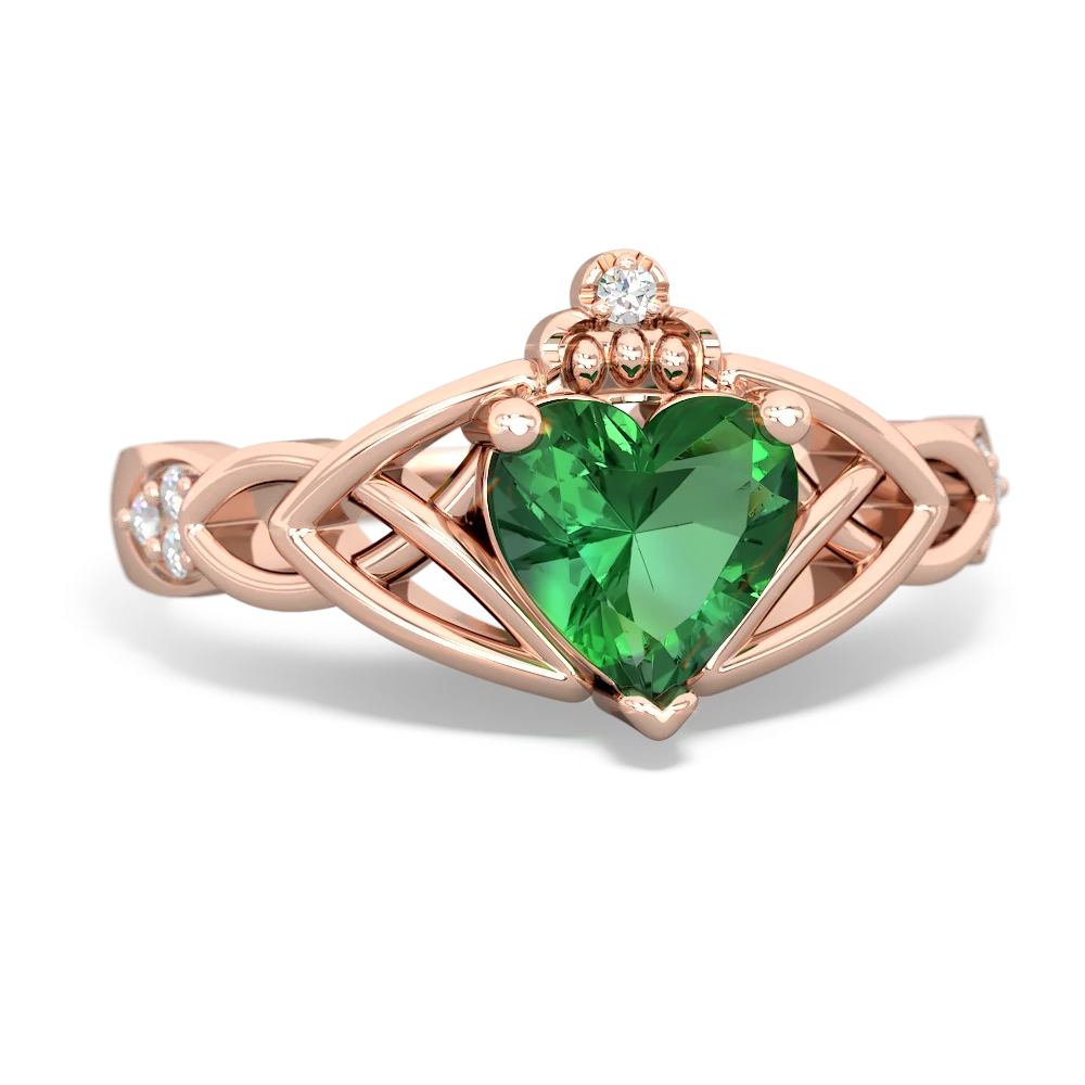 Lab Emerald Claddagh Celtic Knot Diamond 14K Rose Gold ring R5001