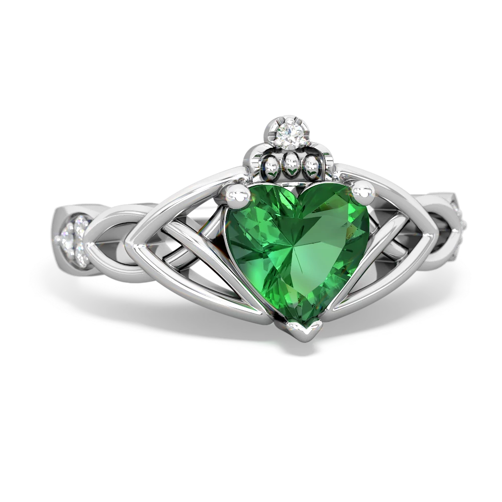 Lab Emerald Claddagh Celtic Knot Diamond 14K White Gold ring R5001