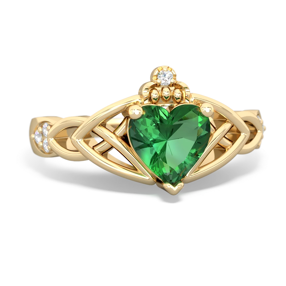 Lab Emerald Claddagh Celtic Knot Diamond 14K Yellow Gold ring R5001