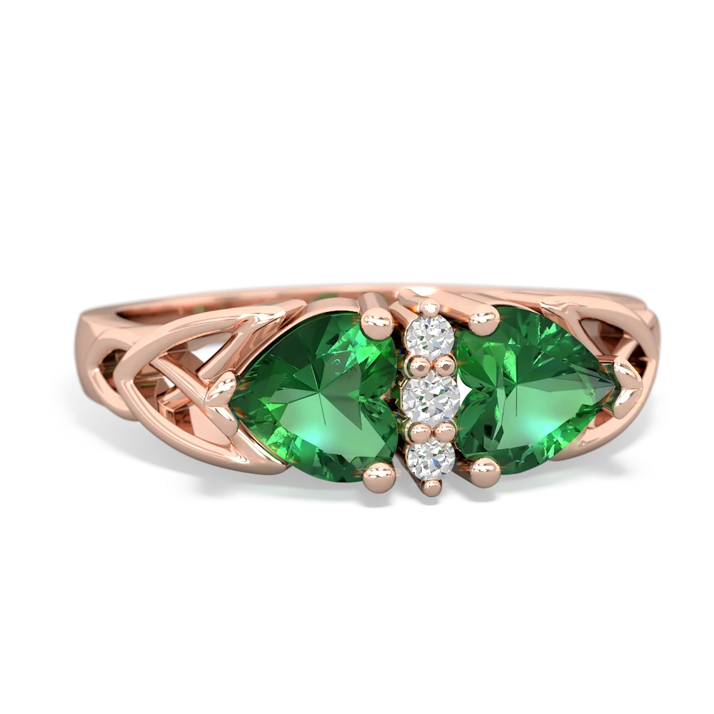 Lab Emerald Celtic Knot Double Heart 14K Rose Gold ring R5040