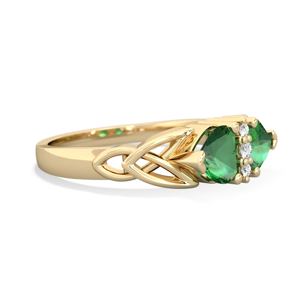 Lab Emerald Celtic Knot Double Heart 14K Yellow Gold ring R5040