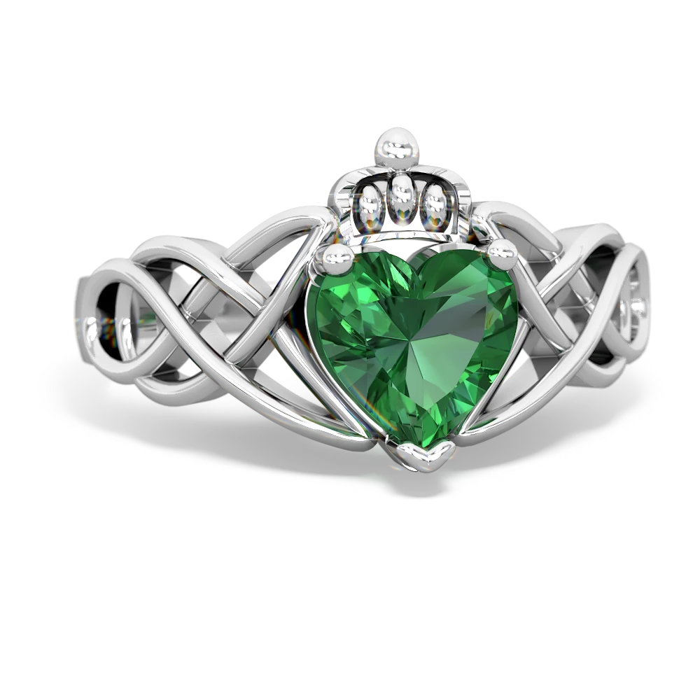 Lab Emerald Claddagh Celtic Knot 14K White Gold ring R2367