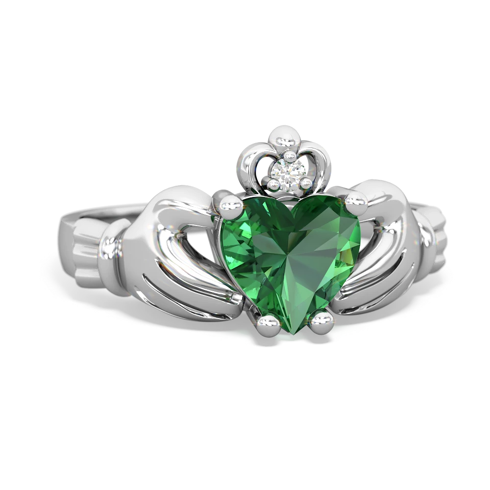 Lab Emerald Claddagh Diamond Crown 14K White Gold ring R2372