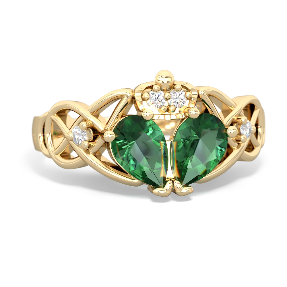 Lab Emerald 'One Heart' Celtic Knot Claddagh 14K Yellow Gold ring R5322