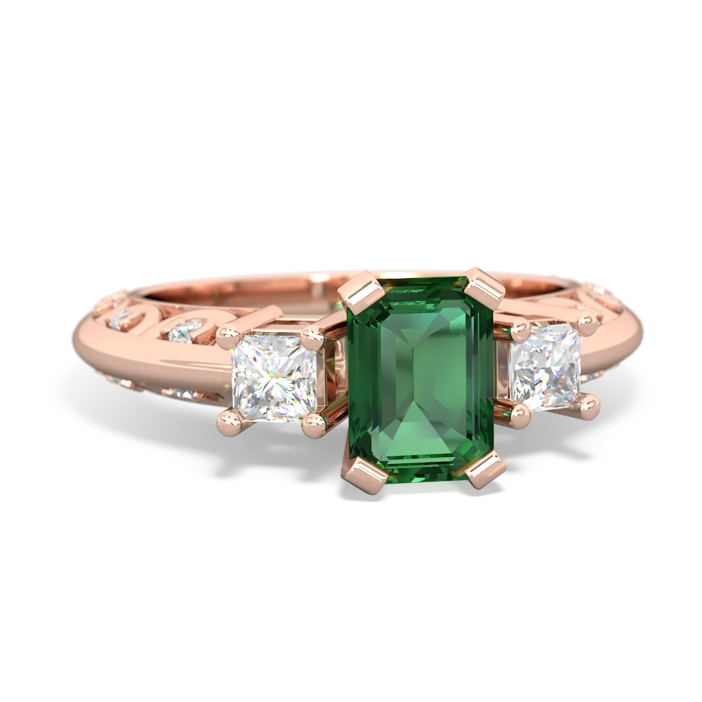 Lab Emerald Art Deco Diamond 7X5 Emerald-Cut Engagement 14K Rose Gold ring R20017EM