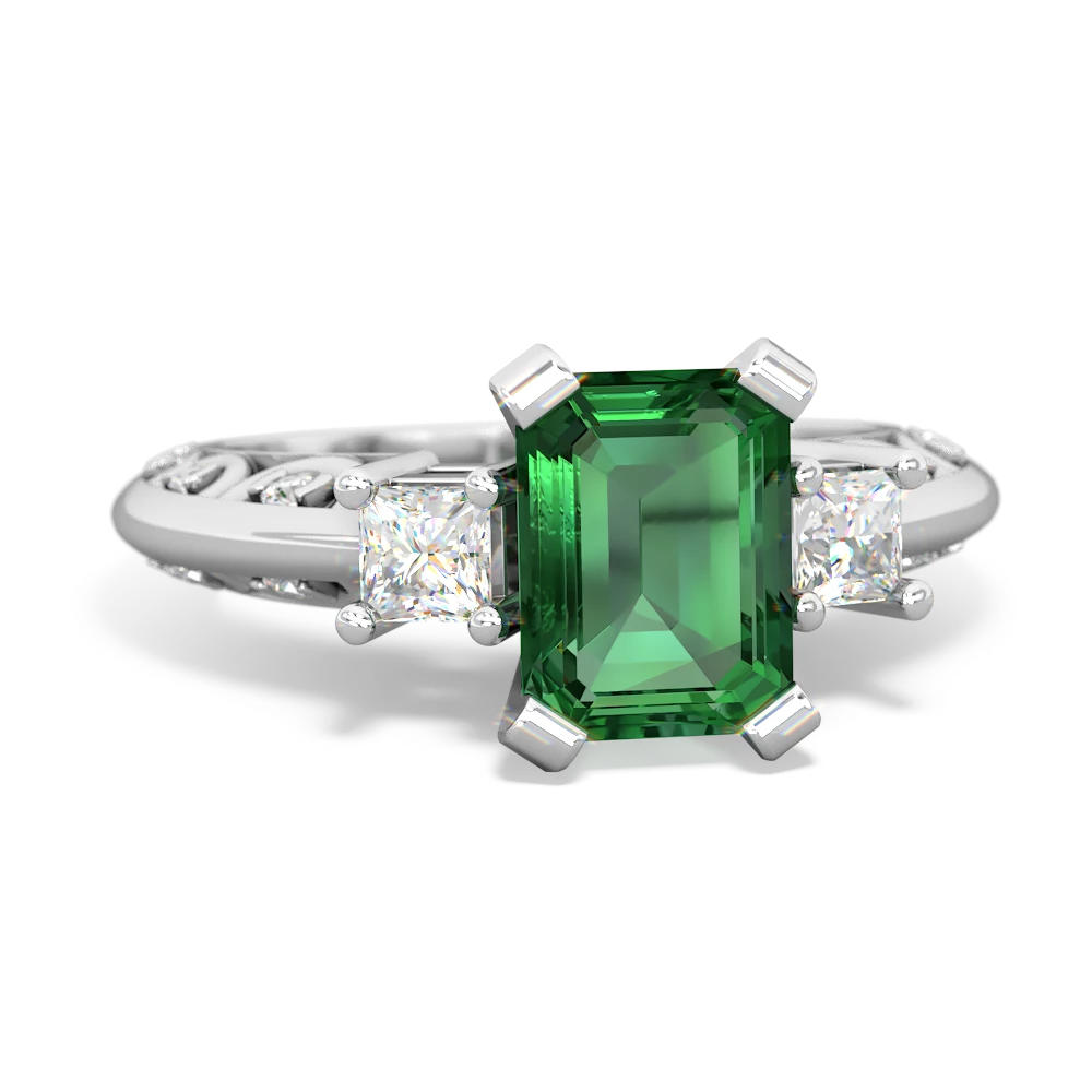 Lab Emerald Art Deco Diamond 8X6 Emerald-Cut Engagement 14K White Gold ring R20018EM