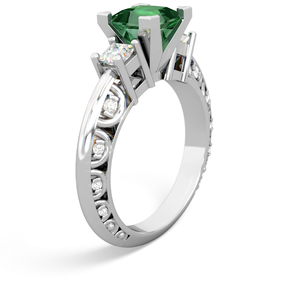 Lab Emerald Art Deco Diamond Engagement 6Mm Princess 14K White Gold ring R2001