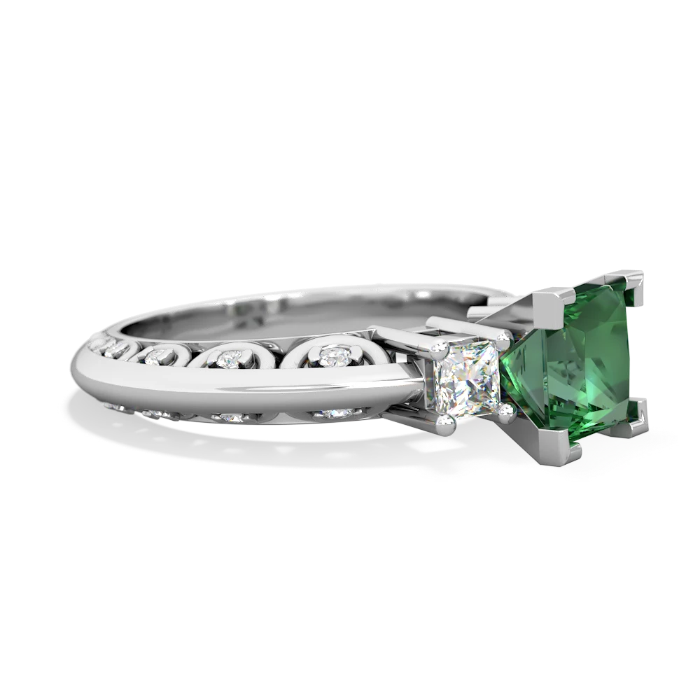 Lab Emerald Art Deco Diamond Engagement 6Mm Princess 14K White Gold ring R2001