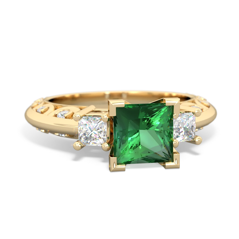 Lab Emerald Art Deco Diamond Engagement 6Mm Princess 14K Yellow Gold ring R2001