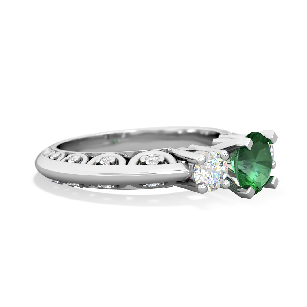 Lab Emerald Art Deco Diamond 6Mm Round Engagment 14K White Gold ring R2003