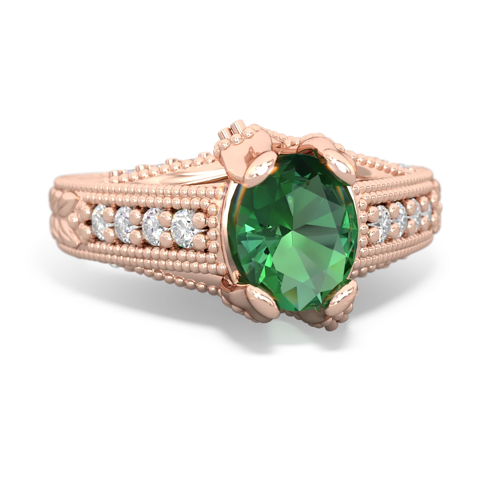 Lab Emerald Antique Style Milgrain Diamond 14K Rose Gold ring R2028
