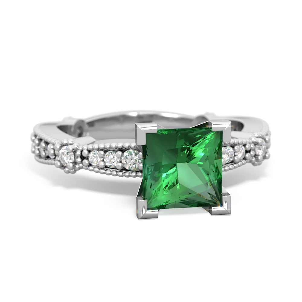 Lab Emerald Sparkling Tiara 6Mm Princess 14K White Gold ring R26296SQ