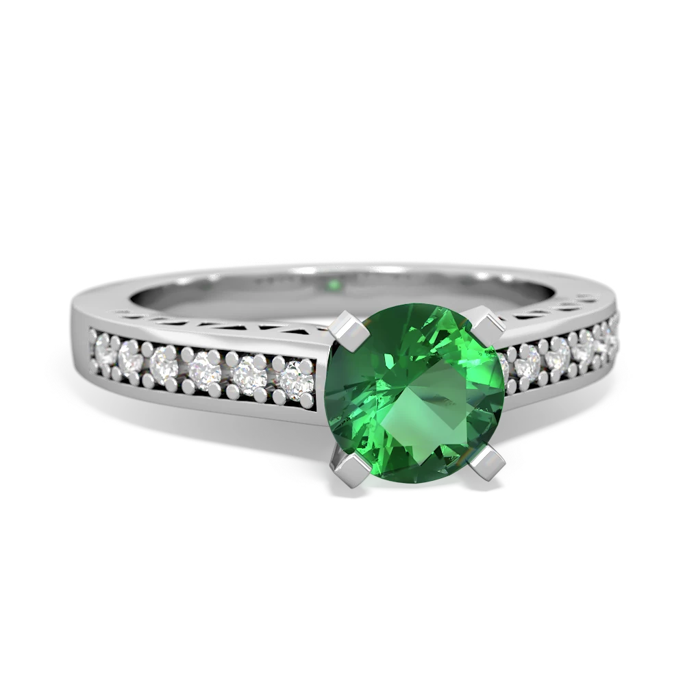 Lab Emerald Art Deco Engagement 6Mm Round 14K White Gold ring R26356RD