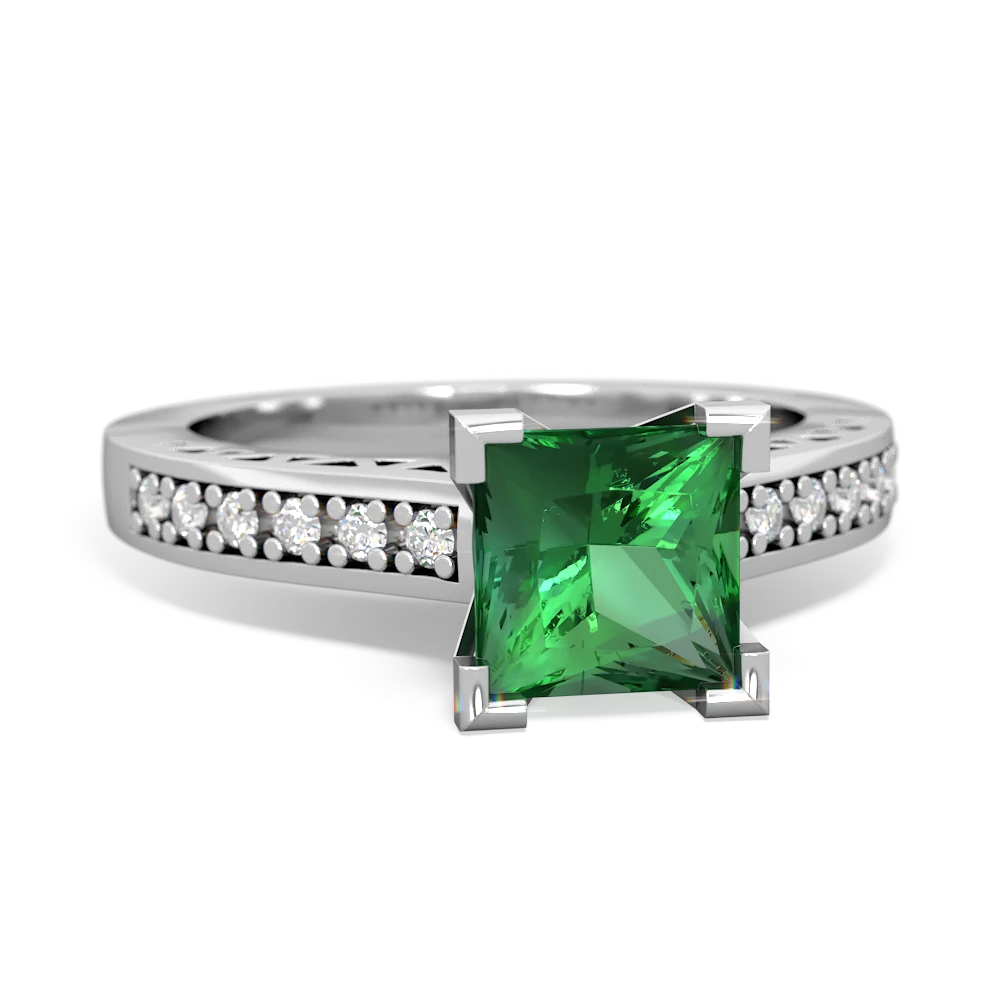 Lab Emerald Art Deco Engagement 6Mm Princess 14K White Gold ring R26356SQ