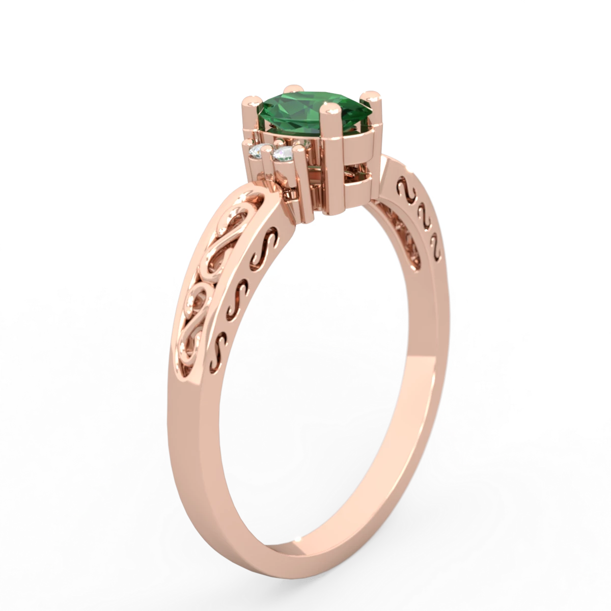 Lab Emerald Filligree Scroll Oval 14K Rose Gold ring R0812