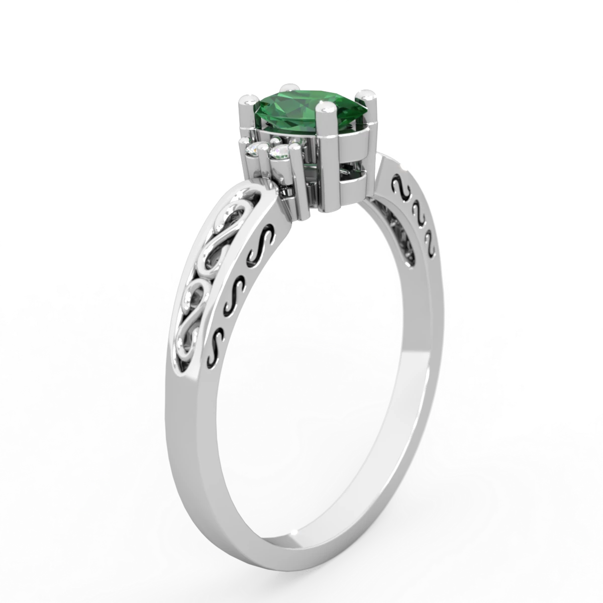 Lab Emerald Filligree Scroll Oval 14K White Gold ring R0812