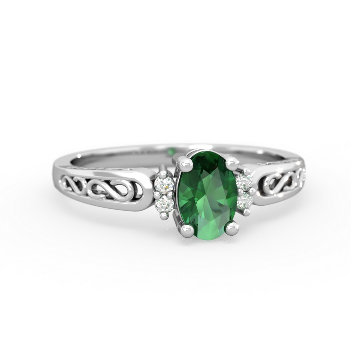 Lab Emerald Filligree Scroll Oval 14K White Gold ring R0812