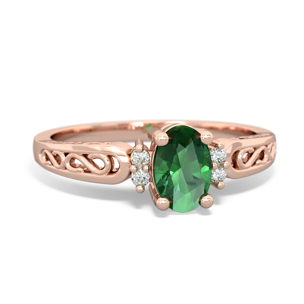 Lab Emerald Filligree Scroll Oval 14K Rose Gold ring R0812