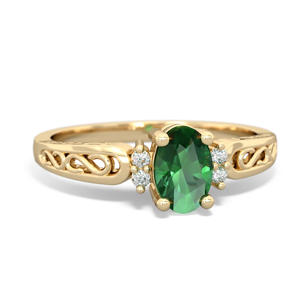 Lab Emerald Filligree Scroll Oval 14K Yellow Gold ring R0812