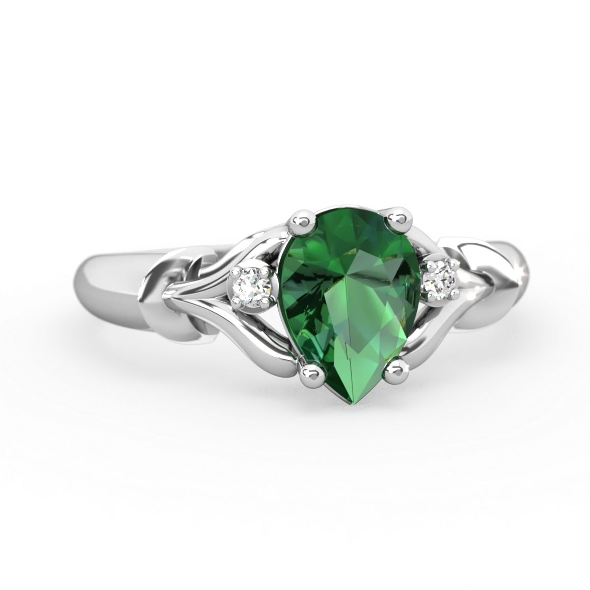 Lab Emerald Precious Pear 14K White Gold ring R0826