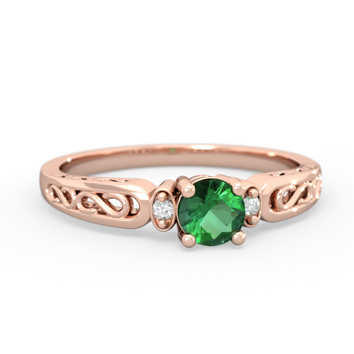 Lab Emerald Filligree Scroll Round 14K Rose Gold ring R0829
