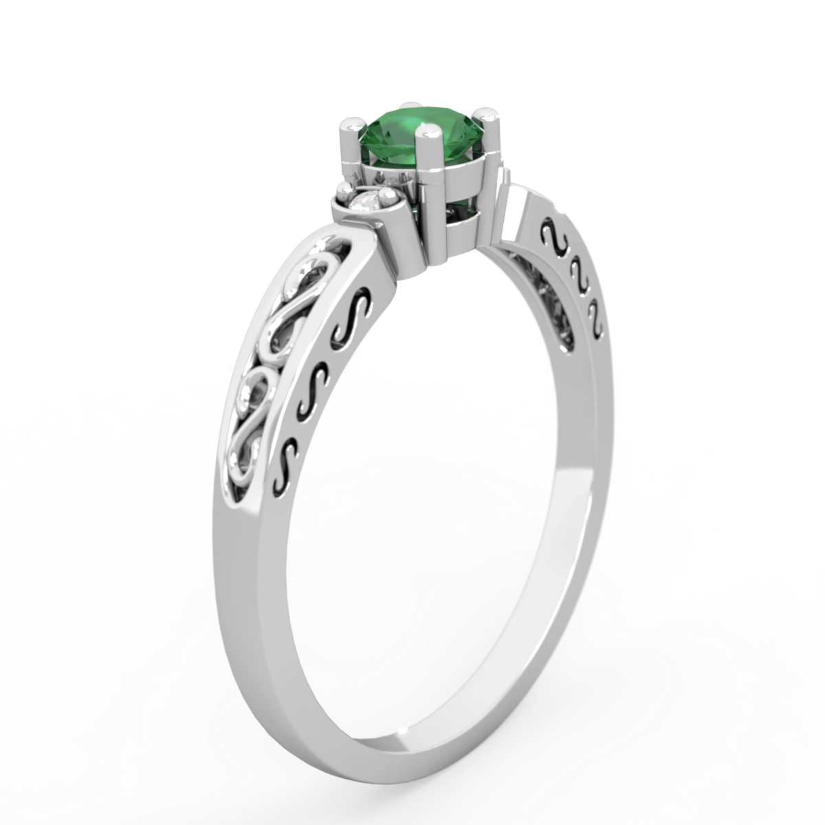 Lab Emerald Filligree Scroll Round 14K White Gold ring R0829