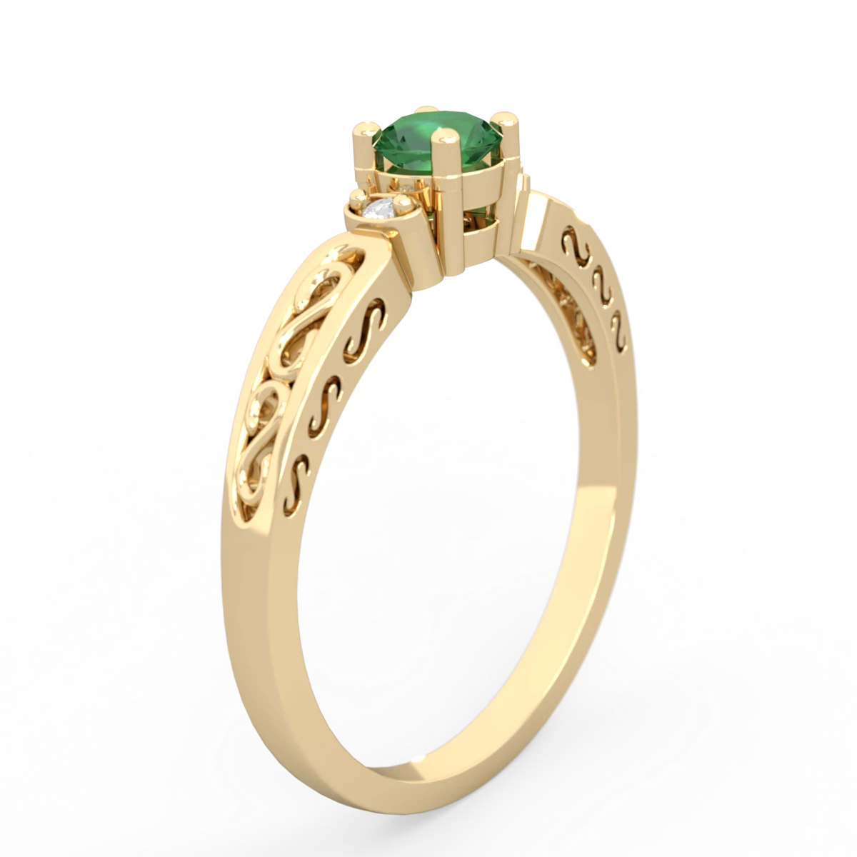 Lab Emerald Filligree Scroll Round 14K Yellow Gold ring R0829