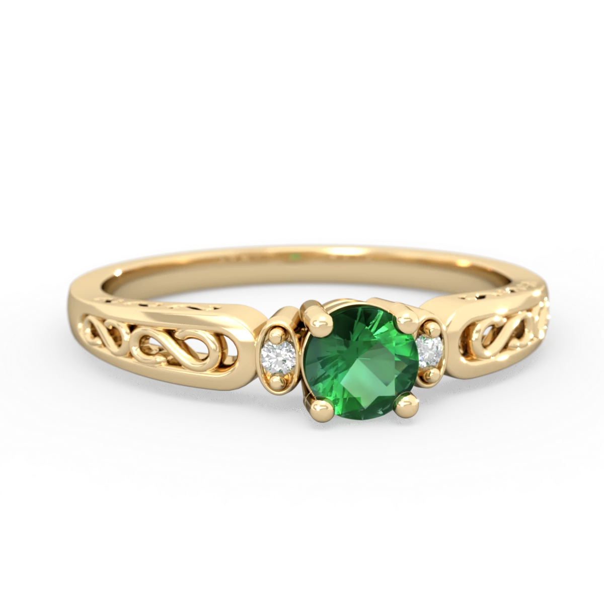 Lab Emerald Filligree Scroll Round 14K Yellow Gold ring R0829