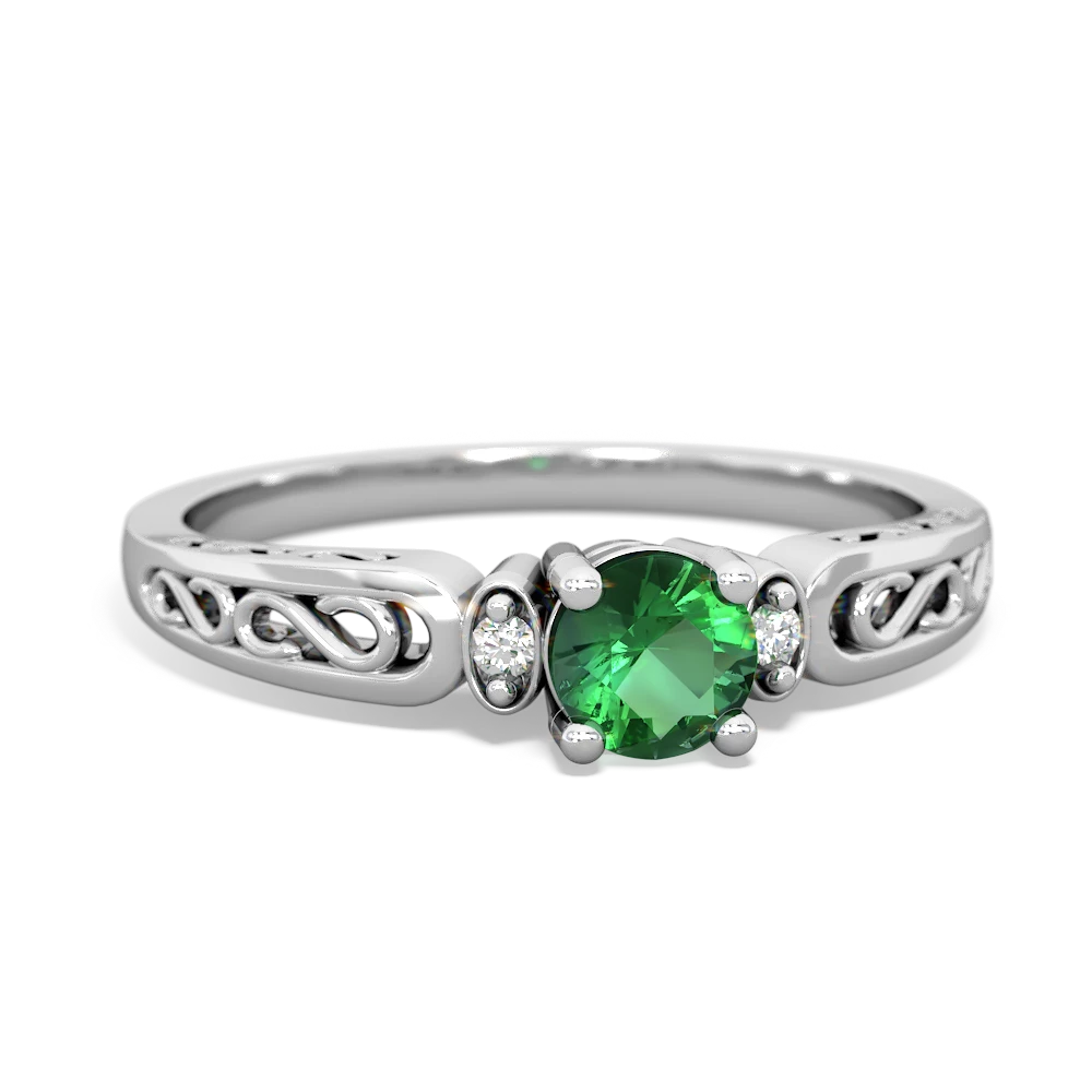 Lab Emerald Filligree Scroll Round 14K White Gold ring R0829