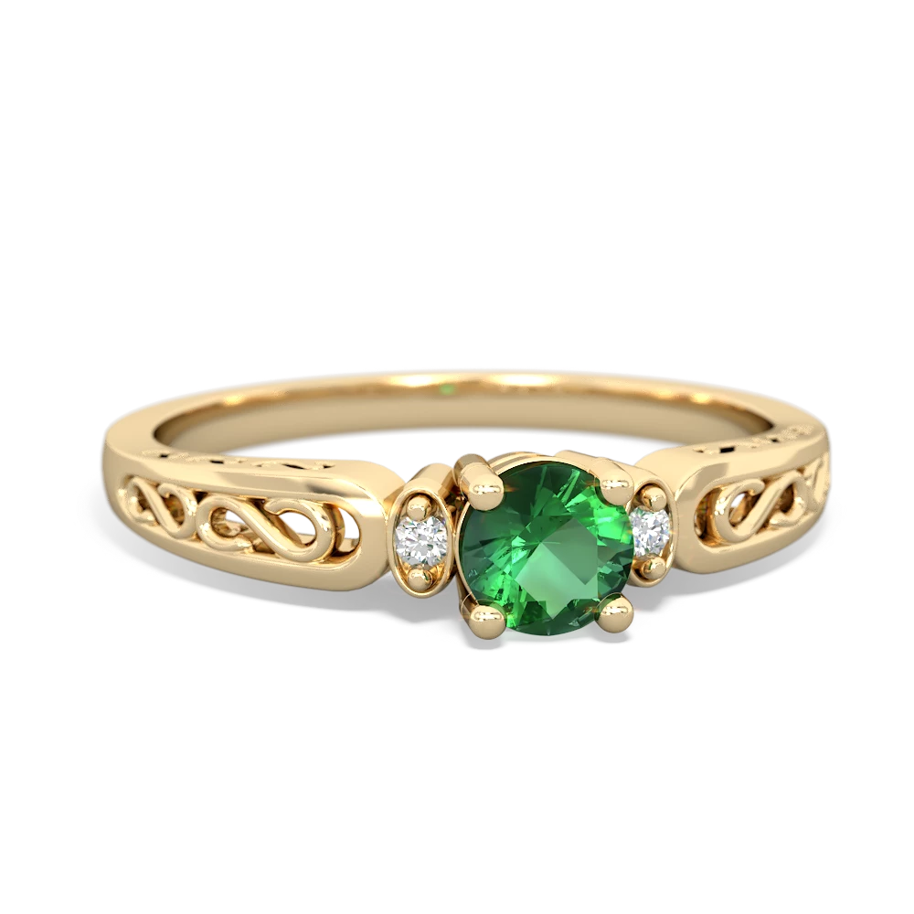 Lab Emerald Filligree Scroll Round 14K Yellow Gold ring R0829