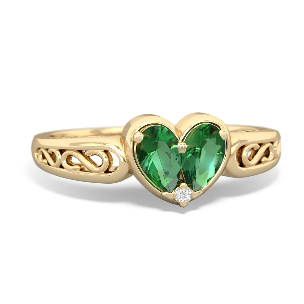 Lab Emerald Filligree 'One Heart' 14K Yellow Gold ring R5070