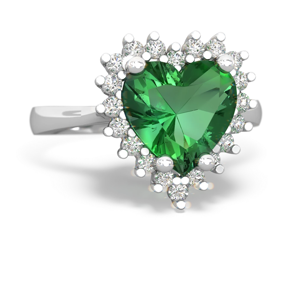 Lab Emerald Sparkling Halo Heart 14K White Gold ring R0391