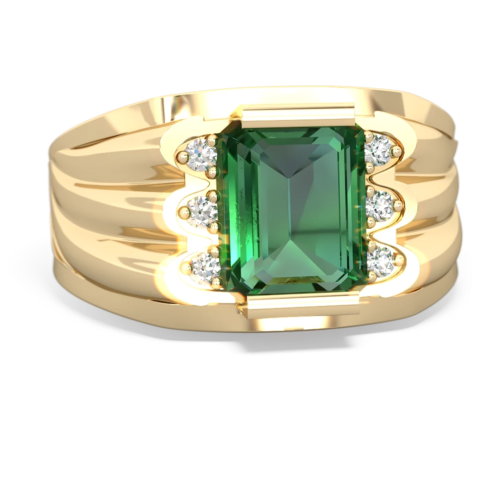 Lab Emerald Men's 9X7mm Emerald-Cut 14K Yellow Gold ring R1835