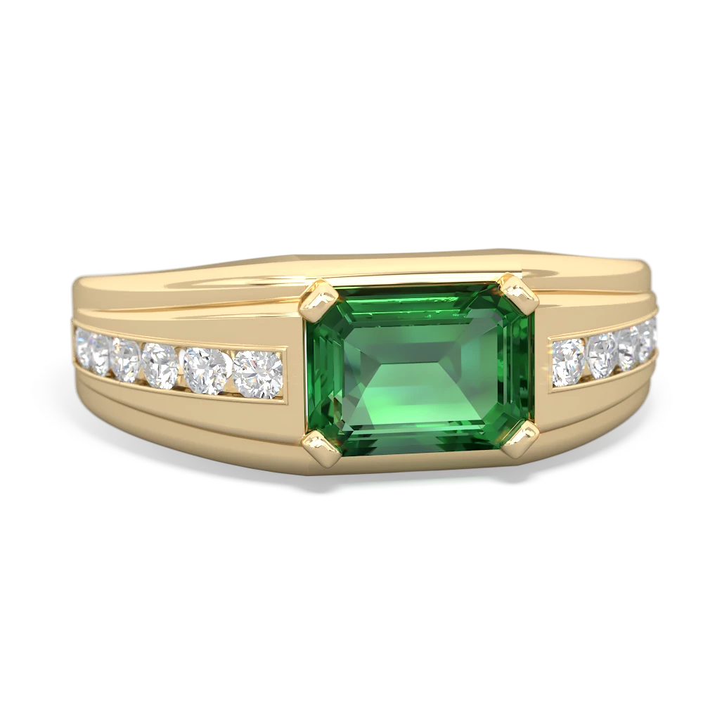 Lab Emerald Men's Diamond Channel 14K Yellow Gold ring R0500