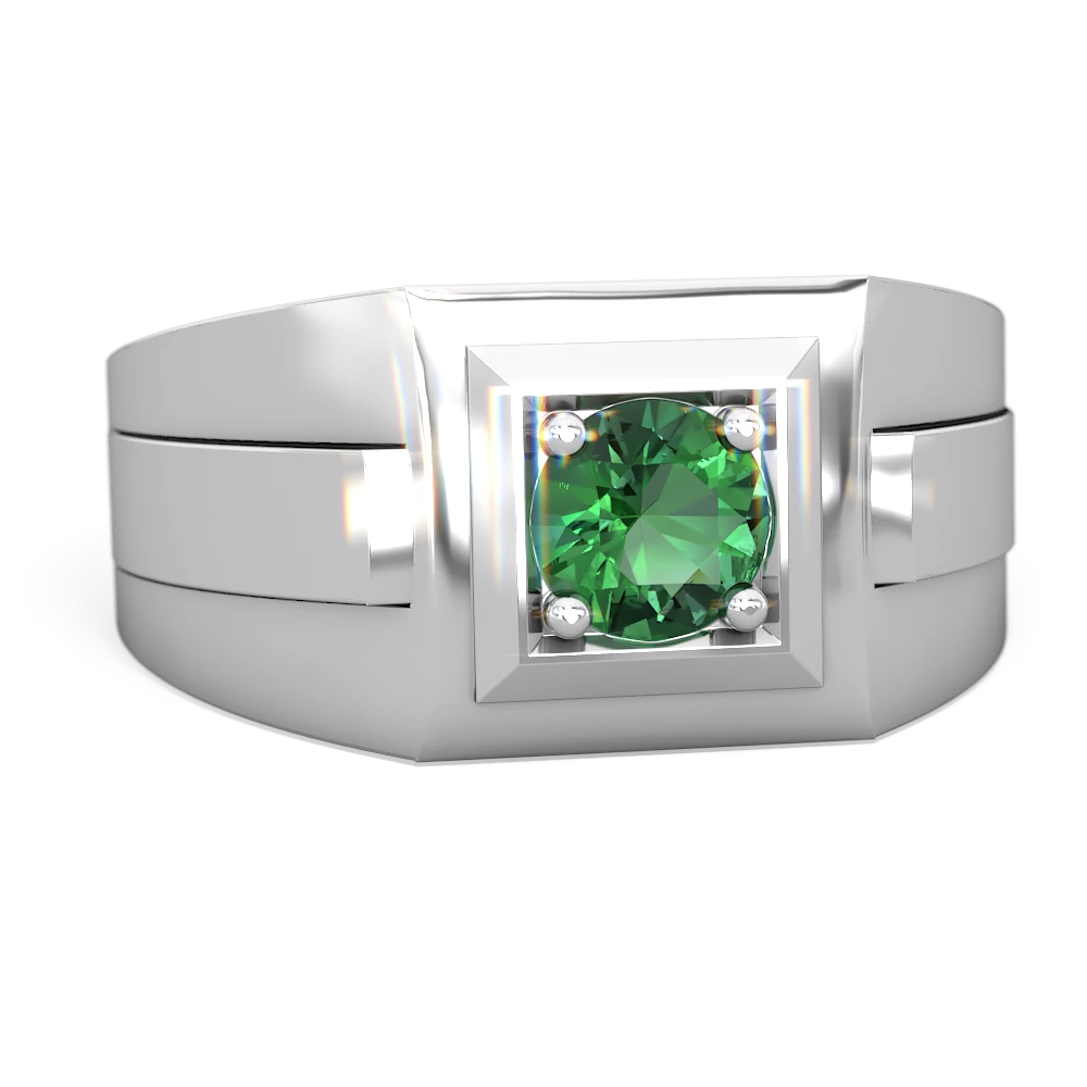 Lab Emerald Men's Squared Circle 14K White Gold ring R0480