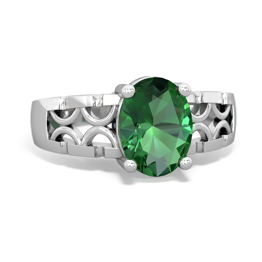 Lab Emerald Art Deco Filigree 14K White Gold ring R2322