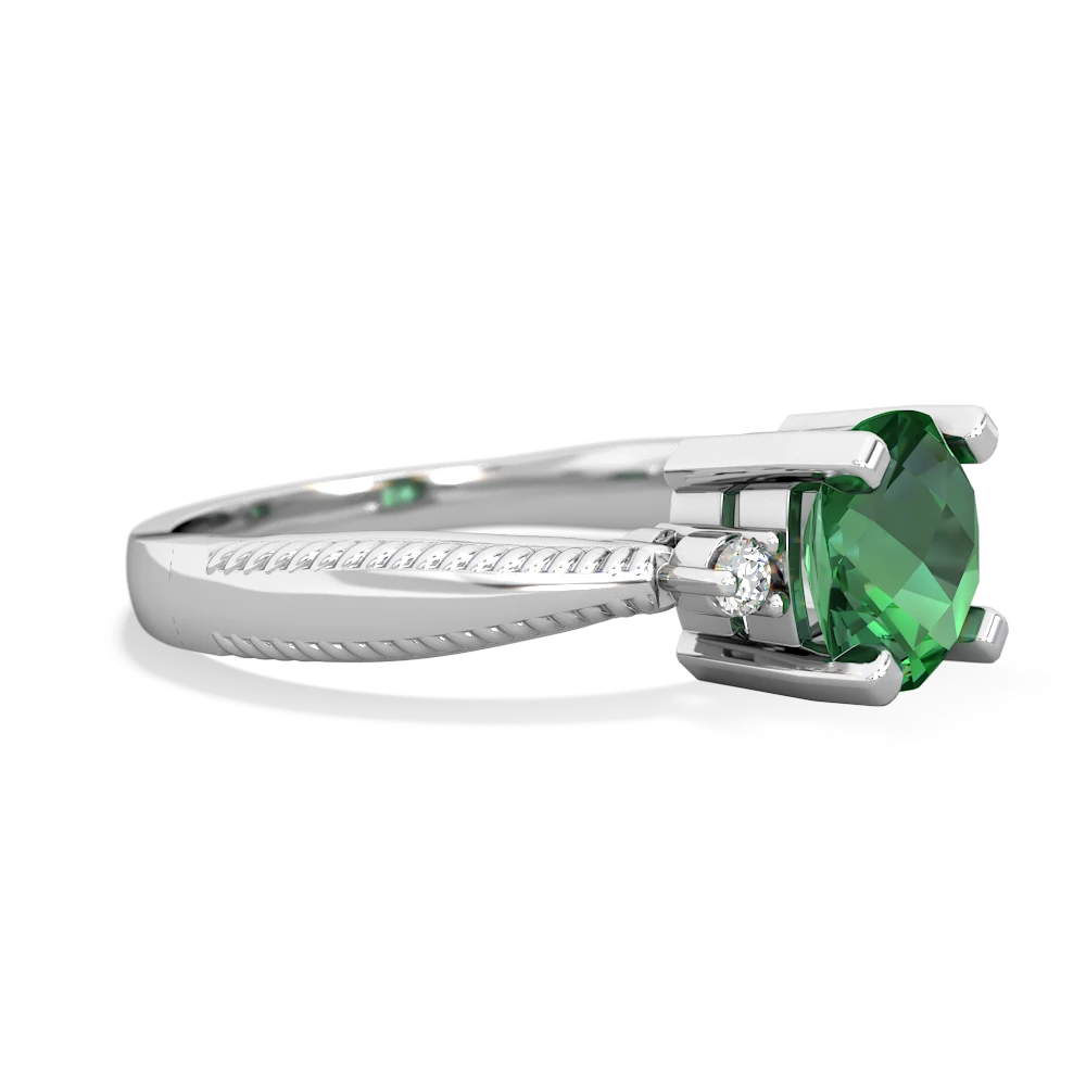Lab Emerald Cushion Rope 14K White Gold ring R2484
