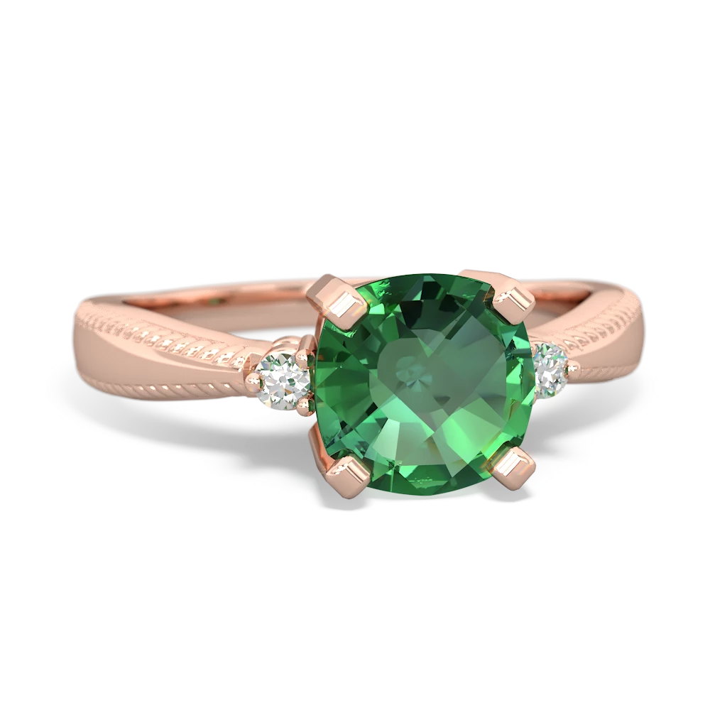 Lab Emerald Cushion Rope 14K Rose Gold ring R2484