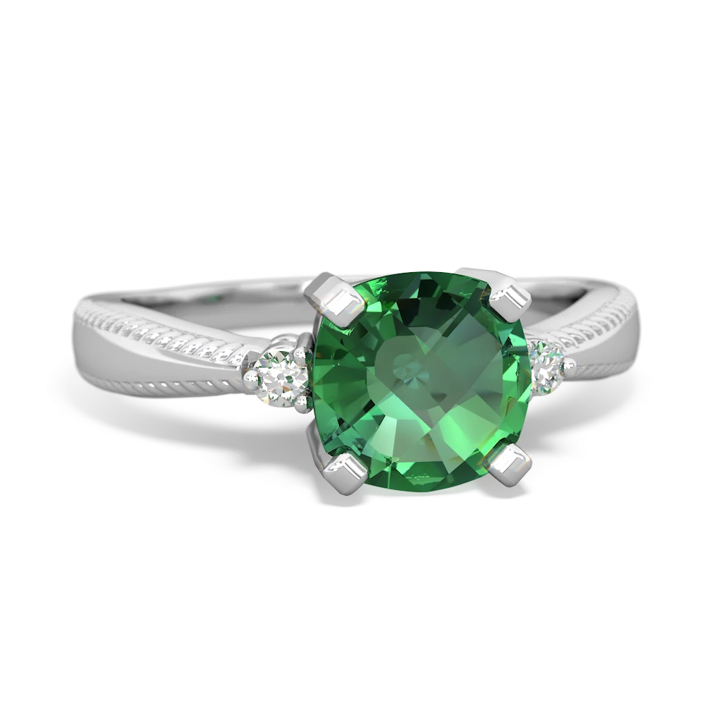 Lab Emerald Cushion Rope 14K White Gold ring R2484