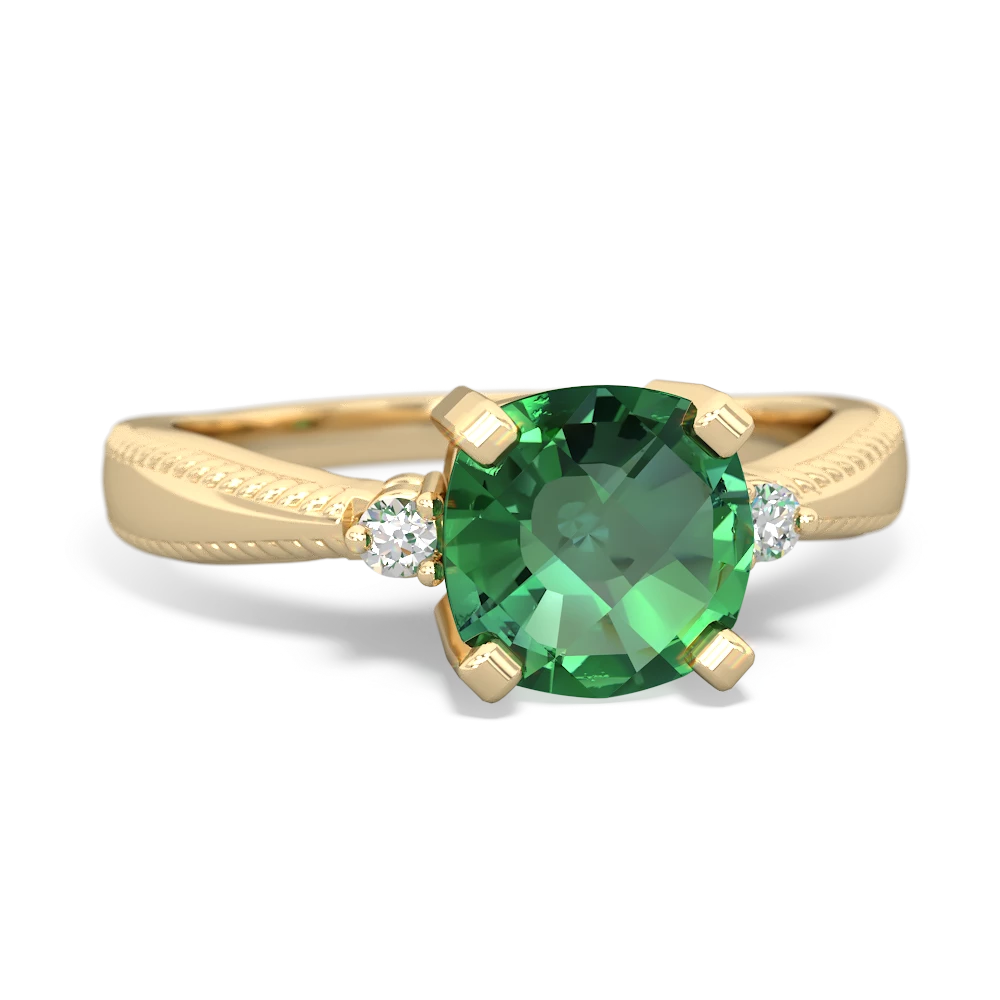 Lab Emerald Cushion Rope 14K Yellow Gold ring R2484