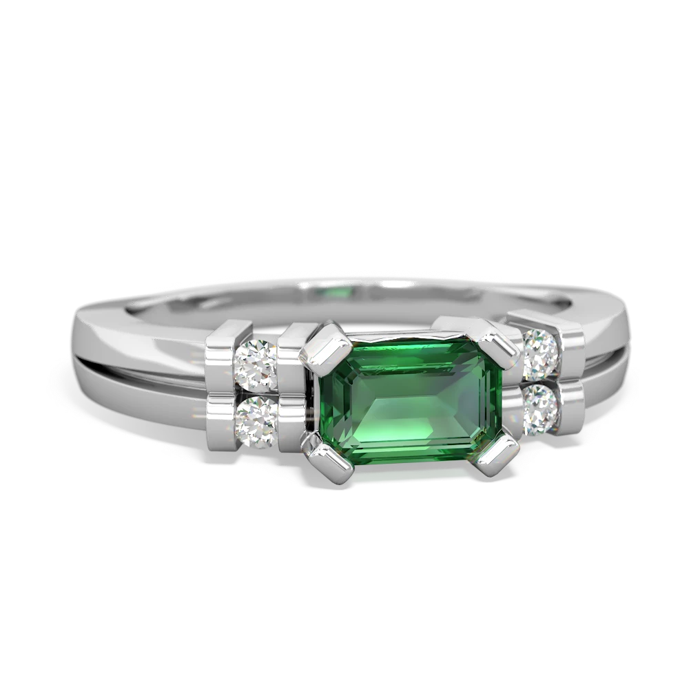 Lab Emerald Art Deco East-West 14K White Gold ring R2590