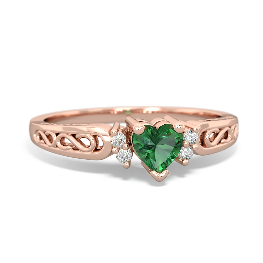 Lab Emerald Filligree Scroll Heart 14K Rose Gold ring R2429