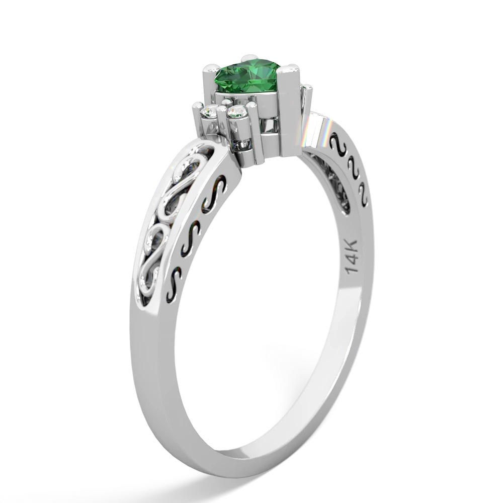 Lab Emerald Filligree Scroll Heart 14K White Gold ring R2429