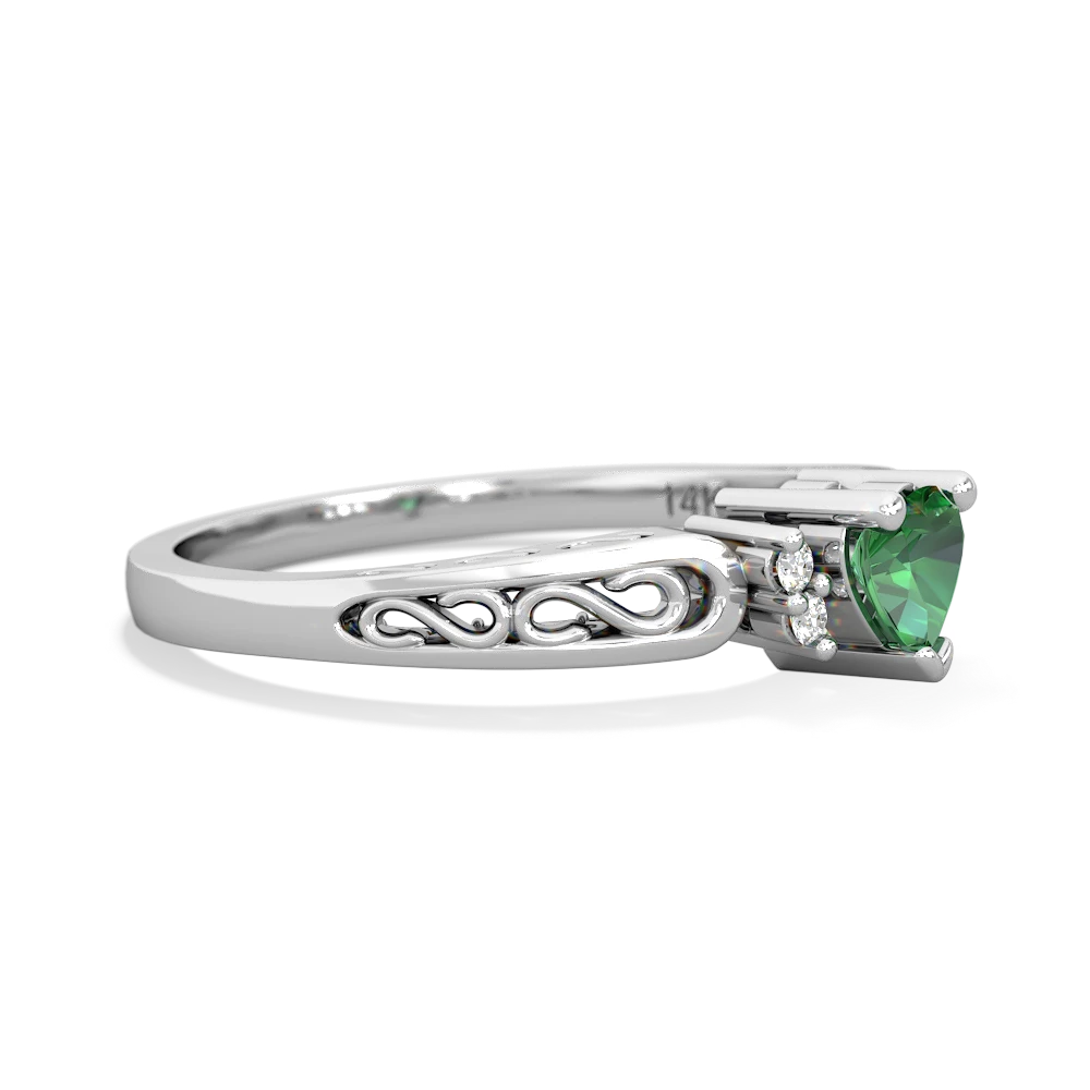 Lab Emerald Filligree Scroll Heart 14K White Gold ring R2429